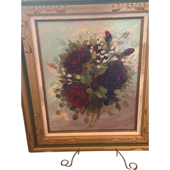Vintage Framed Floral Oil Painting With Red Roses & Greenery By Monit 24x28 Inch